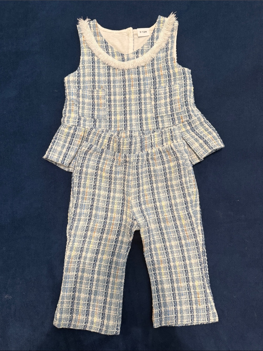 Girls Blue Plaid Tweed Peplum Jumpsuit
